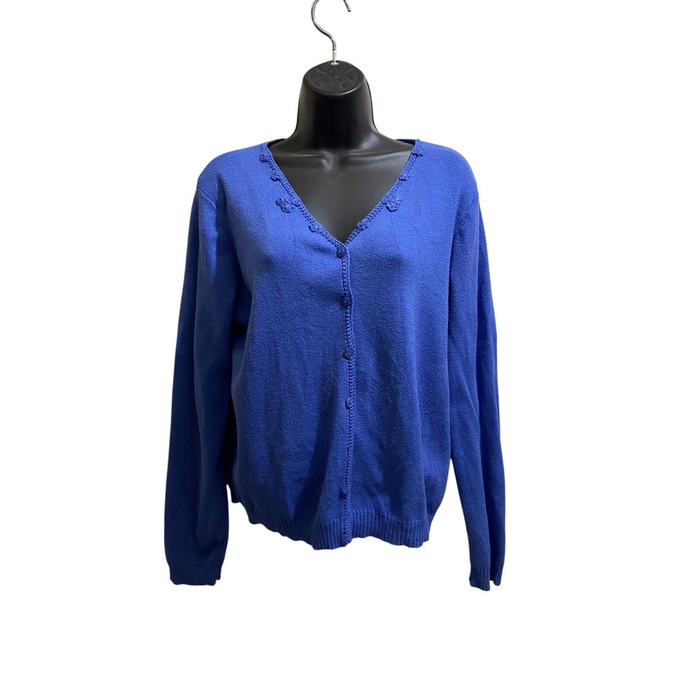 Emma James Liz Claiborne‎ Blue Crochet Floral Beaded V-Neck Cardigan Sweater